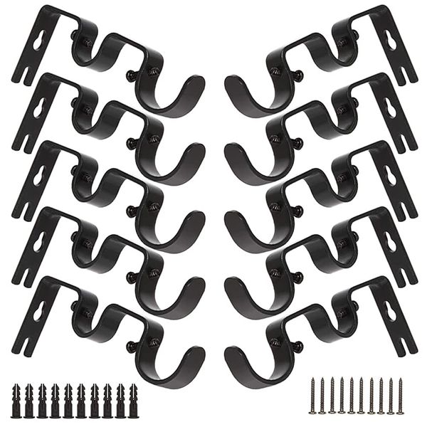 AYSUM 10 Pack Double Curtain Rod Brackets, Heavy Duty Curtain Rod Holders for 1 and 5/8 Inch Drapery Rod, Curtain Rod Hooks Hangers for Wall, Metal Window Hardware Rod Holders (Black)