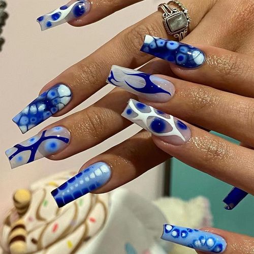 24pcs Long Coffin False Nails, Blue Stick on Nails Ballerina Press on Nails Fake Nails Removable Glue-on Acrylic Full Cover Nails Women Girls Nail Art Accessories