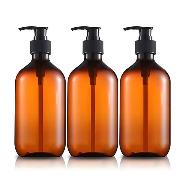 3-Pack 16oz Amber Plastic Pump Bottles – Refillable Dispensers for Soap, Lotion
