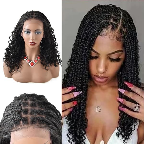 Healthlif 18 Inch Knotless Cornrow Short Boho Box Braided Wigs For Black Women with Baby Hair Lace Front Box Short Bob Braids Wigs Synthetic Light Weight Braiding Wig Handmade#1B-#Black