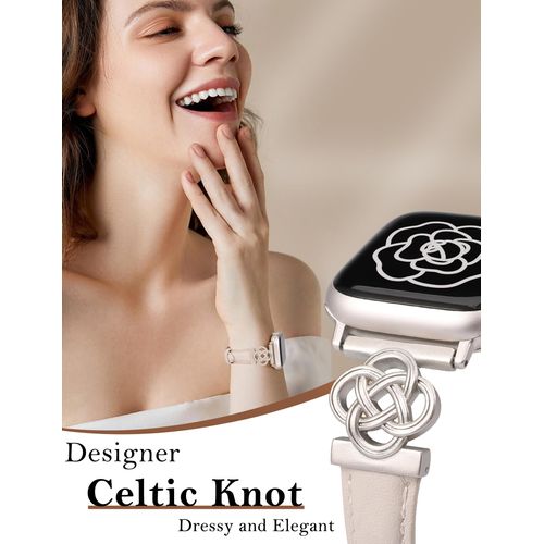 Wearlizer Slim Leather Band Compatible with Apple Watch Bands Women 41/40/38/42/44/45/46/49mm, Dressy Fancy Designer Celtic Knot Thin Leather Strap for iWatch Series 10 9 Ultra SE 8 7 6 5 4 3 2 1