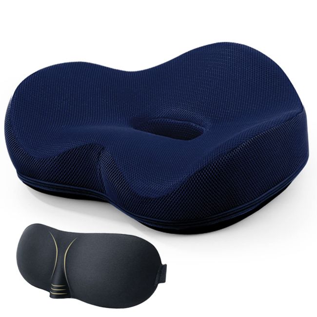 6th Generation Cushion, Memory Foam, Pelvic Correction, Posture Correction, Hemorrhoids, Breathable, Anti-Slip, For Office, Car, Wheelchair, Home Use, Includes Exclusive 3D Eye Mask (Navy)