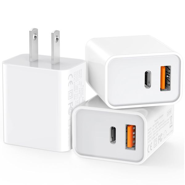 3 Pack USB C Wall Charger, 20W Durable Dual Port QC+PD 3.0 Power Adapter, Double Fast Plug Charging Block for iPhone 13/14/15/16/16 Pro/Pro Max/Plus, XS/XR/X, Watch Series 8/7 Cube，White