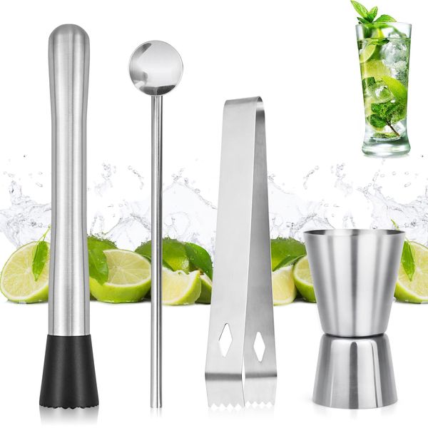 4 Stück Cocktail Stößel Set, Edelstahl Mojito Cocktailstößel Bar Tool Set für Oktoberfest, Mojito Cocktail rührlöffel mit Stößel Eisclip Messbecher Mojitoset