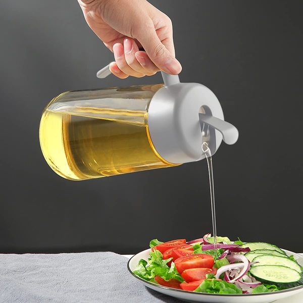 Auto Flip Oil Dispenser Bottle Olive Oil Dispenser Bottle with Automatic Cap No Drip Condiment Dispensing Cruet Container Drip-Free & Spill-Free Spout Non-Slip Handle for Kitchen Cooking (34oz grey)