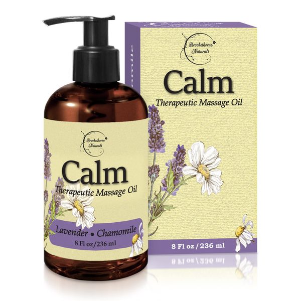 Calm Massage Oil with Lavender & Chamomile Essential Oils to Relax Sore Muscles - for Massage Therapy & Home use – with Coconut, Grapeseed & Jojoba Oils for Smooth Skin– Brookethorne Naturals - 8oz