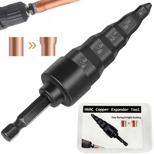 megarte HVAC Swaging Bit Repair Tool - 5 in 1 Air Conditioner Copper Pipe Expander Swage Tool Drill Set Flaring Precision Tool with 1/4, 3/8, 1/2, 5/8, 3/4 Bits, Black, ‎HVAC TOOL01