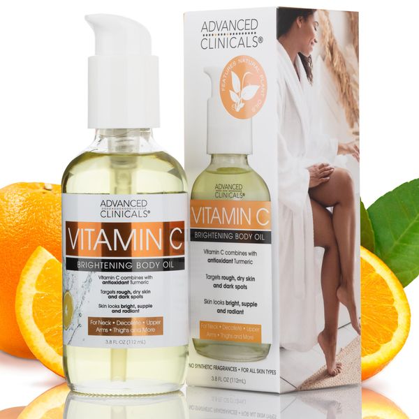 Advanced Clinicals Vitamin C Body Oil Skin Care Moisturizer W/Vitamin E & Turmeric - Nourishing, Brightening, & Hydrating Body Oil To Improve Look Of Dark Spots, Dry Skin, & Stretch Marks, 3.8 Fl Oz