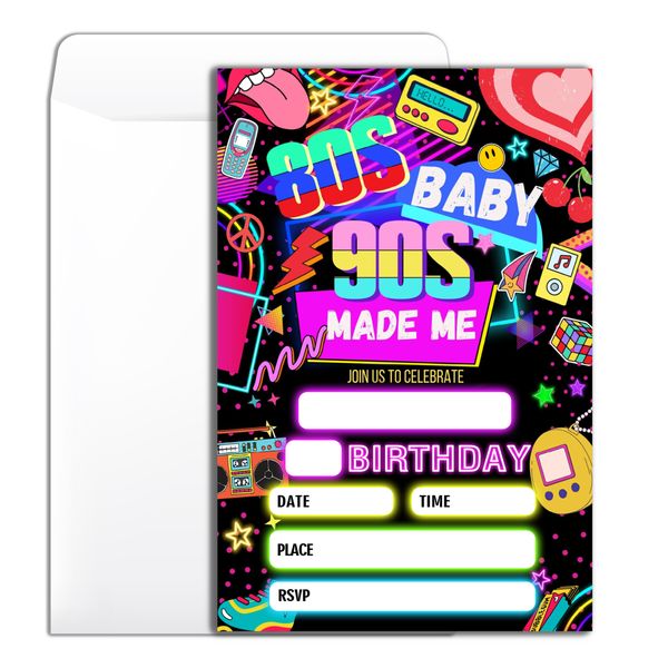 80s Baby 90s Made Me Birthday Party Invitation 20 Back To The 90s Neon party Birthday Invitation With Envelopes for Woman Man Party Invite Cards -4×6 inch-B004