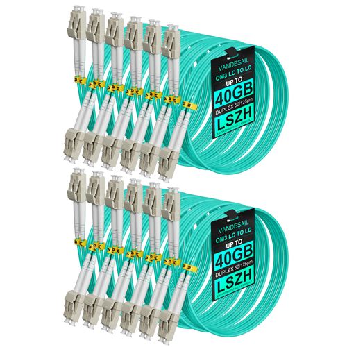 VANDESAIL LC to LC Fiber Patch Cable 12 Pack, OM3 Multimode Fiber, 2m (6.56FT) Duplex MMF Optic Cables MM 50/125µm 10G LSZH Optical Patch Cable Series