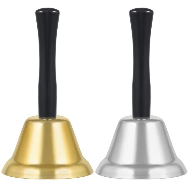 SAVITA 2Pcs Metal Hand Bells, Loud Clear Call Bell Wooden Handle Alarm Handbells for Wedding Events, Dinner, School, Hotel, Elderly Patients Service (5 x 9cm/2 x 3.6inch)