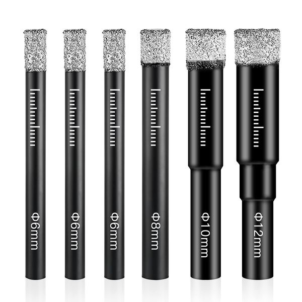 Tykovon Diamond Drill Bit, Porcelain Tile Drill Bit, 6 Pcs 6mm 8mm 10mm 12mm Tile Drill Bits Diamond Sets for Granite, Ceramic, Marble, Tile Stone, Glass, Hard Materials, Round Shank Dry Drill Bits