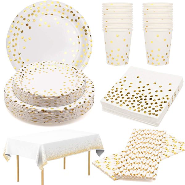 24 Guests White and Gold Party Supplies Disposable Gold Party Plates Tableware Napkins Cups Straws Table Cloth for Birthday Party Wedding Bridal Shower Engagement Christmas White Gold Dot Paper Plates