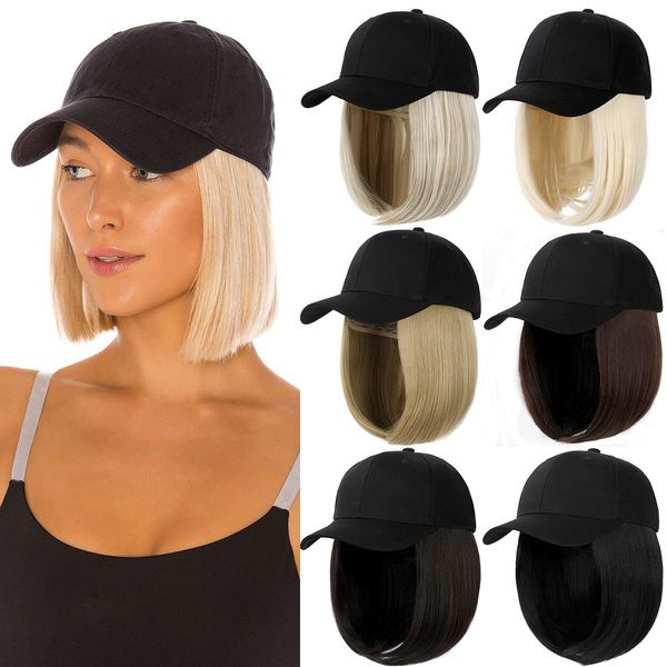 Qlenkay Baseball Cap with Hair Extensions Straight Short Bob Hairstyle Adjustable Removable Wig Hat 14inch for Woman Girl Ash Blonde