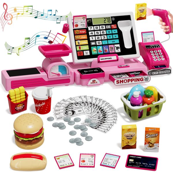 Wee Wonders 63PCS Cash Register for Kids, Kids Cash Register with Real Calculator, Pretend Play Store with Music/Motorized Conveyor/Play Money/Food Toys, Learning Toys for Boys Girls 3+, Pink