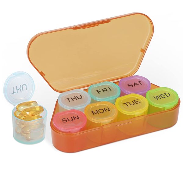 Simpolor Weekly Pill Organizer, BPA Free Medicine Organizer Rainbow 7 Day Pill Box, Daily Portable Pill Container for Pills/Vitamin/Fish Oil/Supplements (Brown)