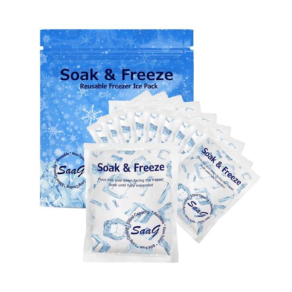 SaaG Soak & Freeze Dry Ice Packs for Cool Box - Pack of 10 for Lunch Box Travel Cool Box Camping - Suitable for Cooler bags Lunch Boxes - Keeps Food Fresh & Cool (15x12 cm)