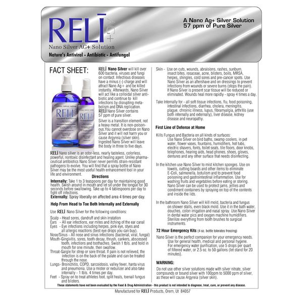 RELI NANO SILVER AG+ SOLUTION, 57 PPM, 1 Case 12 - 16 oz bottles