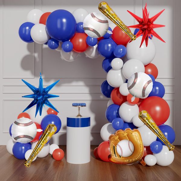 Baseball Balloon Garland Arch Kit with Baseball Glove Baseball Bat Balloon Star Balloon, 128pcs Red White and Navy Blue Balloon Garland Kit for Baseball Theme Birthday Baby Shower Party Supplies