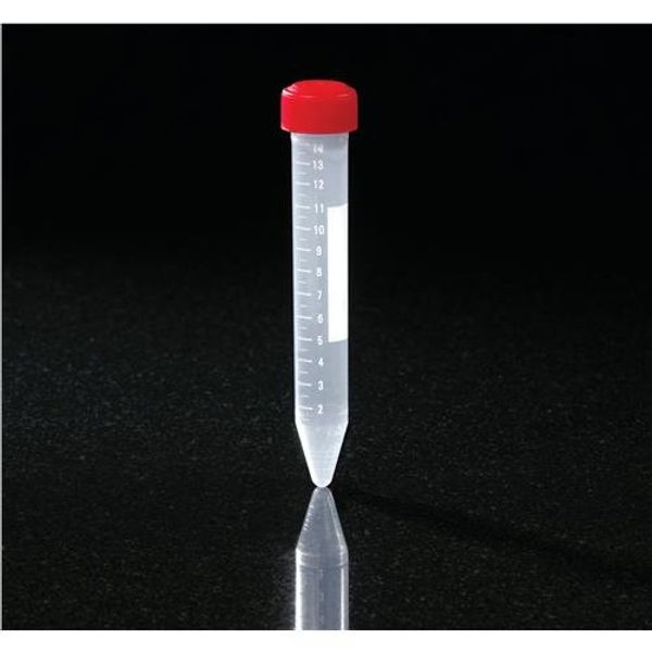 Globe Scientific 6269 Polypropylene Centrifuge Tube with Attached Red Screw Cap, Sterile, 15mL Capacity, Printed Graduation, Bag Pack (Case of 500)