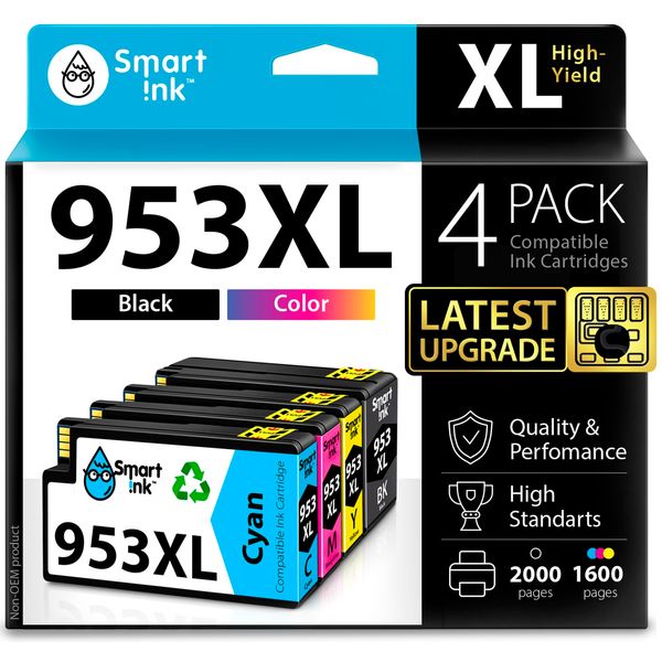 Smart Ink Compatible Ink Cartridge Replacement for HP 953XL 953 XL 4 Multipack (Black XL & C/M/Y) with Advanced Chip Technology to use with HP Officejet pro 7720 7730 7740 8710 8715 8720 8725 Printer