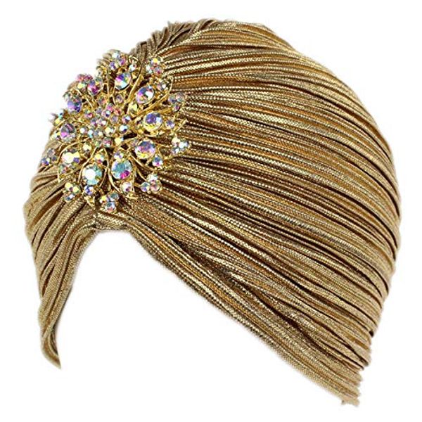 EORUBE Vintage Turban Hat with Crystal Brooch Feather Turban Headwraps for 1920s Gatsby Costume Cocktail Party (Brooch Style 1 - Gold)