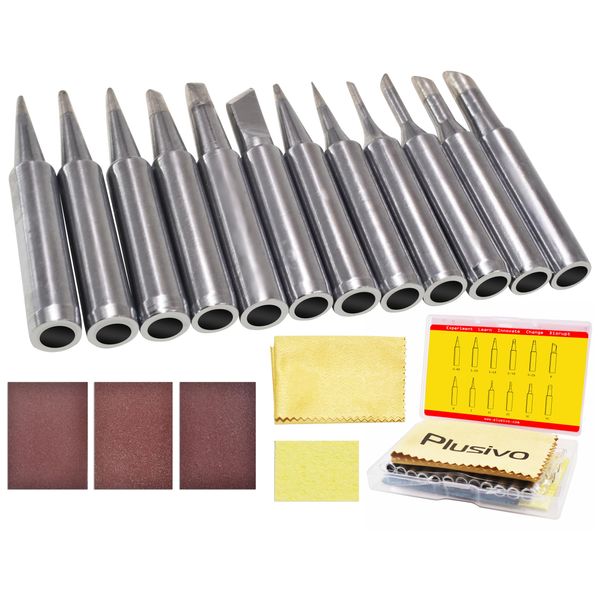 Soldering Iron Tips 12 pcs 900M Replacement Solder Tips Kit (B, I, K, D, C) with Cleaning Sponge, Cloth, Sandpaper (Fine, Medium, Rough) for Soldering Iron Station from Plusivo