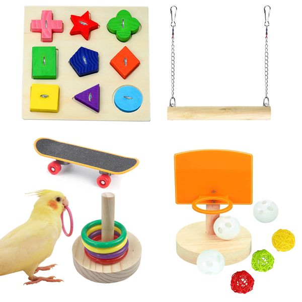 Bird Training Toy for Conure, Cockatiel Basketball Toy, Parakeet Wooden Block Puzzles Toy, Parrot Skateboard, Bird Stacking Toy for Parrot Budgie Finch