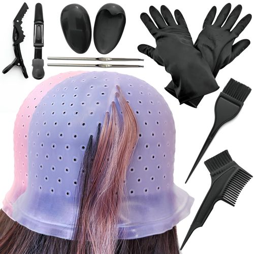 Losaria 12 Pcs Hair Highlighting Kit with Cap Hair Dye Kit Reusable Punched Holes Streaking Cap Hair Salon DIY Home Hair Coloring Highlight Cap Hair Dye Brush Dyeing Comb Gloves Ear Covers Hair Clips