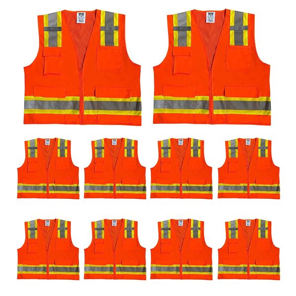 Safety Main Premium High Visibility Surveyor Vest Solid Front Mesh Back, 10 Pack, Medium, Orange