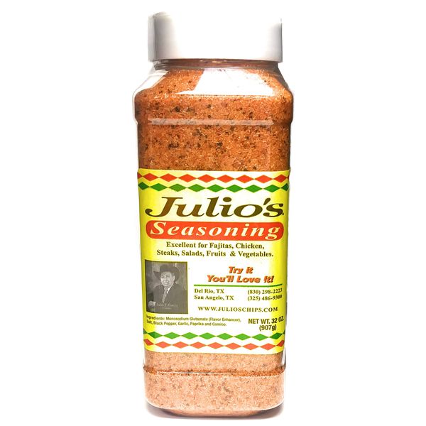 Julio's Seasoning 32oz (2 lb) Restaurant Bottle - Texas' Favorite Seasoning - Meat Seasoning - Taco Seasoning - Vegetable Seasoning - Famous Texmex Taste From Julio's Corn Chips