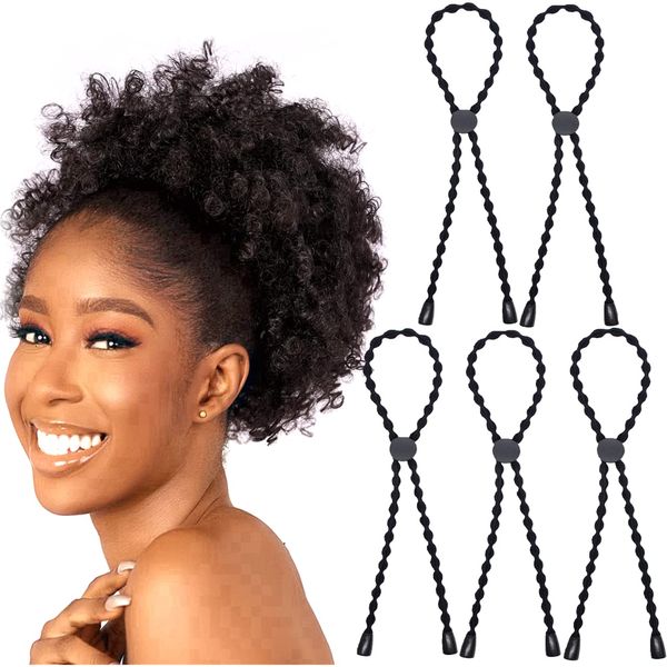 AICILY 5PCS High Elasticity Afro Puff Ponytail Hair Holder Adjustable Hair Ties Long Headband for Natural Hair Kinky Curly Hair＆Thick Hair＆Loc Braided Hair,No-Slip Design (Black-B-5PCS)