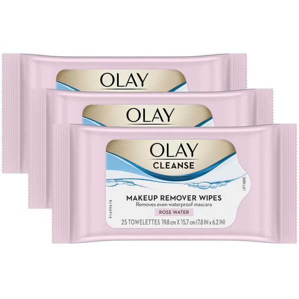 Olay Cleanse Makeup Remover Cleansing Face Wipes, Daily Facial Towelettes, Rose Water,25 Count (Pack of 3)