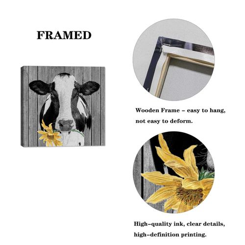 NTEUMM Holstein Cow Canvas Wall Art Decor Black and White Country Farmhouse Kitchen Bathroom Rustic Retro Picture Modern Home Bedroom Mural Poster (FRAMED,16" Wx16 H)