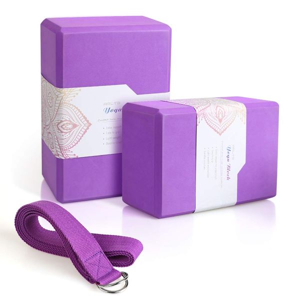 Arltb Yoga Block 2 Pack Yoga Blocks and Strap Set, 2 Pack Stretch Blocks with Strap,Yoga Stretching Bricks with Strap,Yoga Brick Set of 2 Yoga Bricks Stretch Blocks Yoga Cube Blocks - 4 x 6 x 9 inch