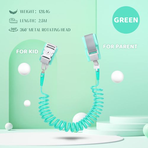 Wrist Reins for Toddlers Boys and Girls, Anyfirst 2.5M Anti Lost Wrist Link, 360°Rotate Toddler Wrist Strap with Elastic Wire Rope and Security Lock for Children Walking, Green