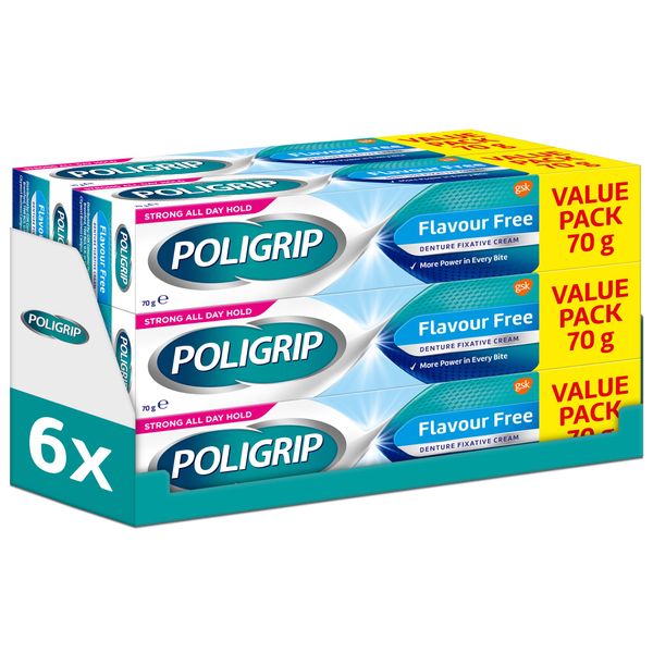 Poligrip Denture Adhesive, Fixative Cream to Secure Dentures, False Teeth & Partials, Flavour Free, 70 g, Pack of 6