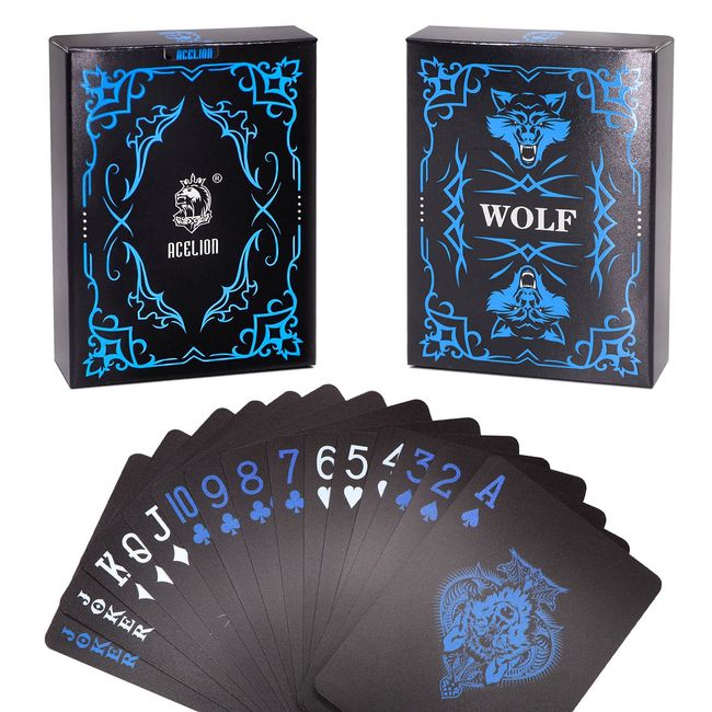 ACELION Waterproof Playing Cards, Plastic Playing Cards, Deck of Cards, Gift Poker Cards (Black Wolf)