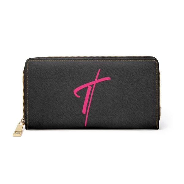 Womens Wallet, Zip Purse, Black & Pink Cross - One size