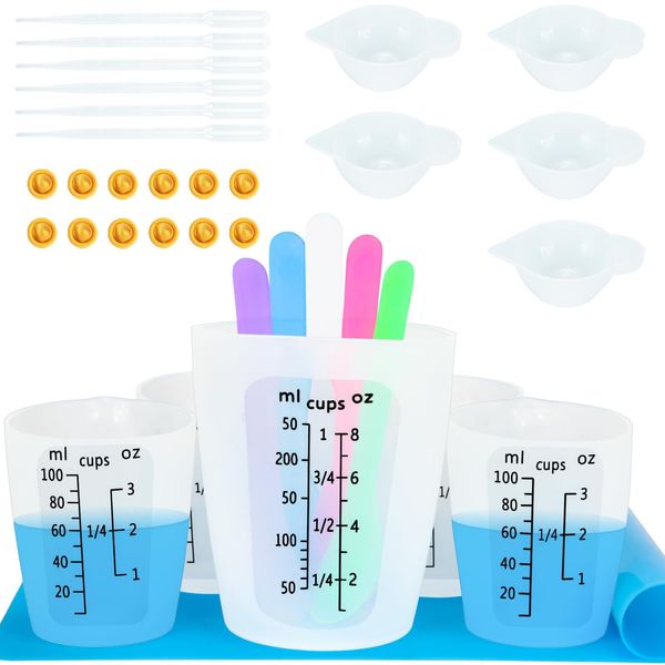 Creahaus Silicone Measuring Cups Tool Kit for Resin, Non-Stick Black Number 250& 100ml Epoxy Resin Mixing Cups, Reusable Resin Accessories with Silicone Mat, Stir Sticks, Pipettes, Color Cups