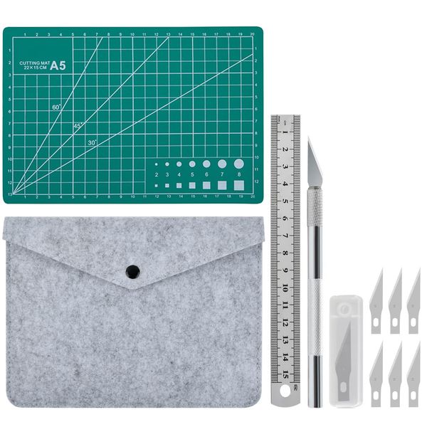 EMNIMQ Craft Cutting Tools Knife Set with Felt Bag,Stencil Knife,Steel Ruler,A5 Cutting Mat Set Precision Carving Craft Hobby Knife Set for Art Craft Paper/Modelling/Quilting/Sewing/Scrapbook/Fabric