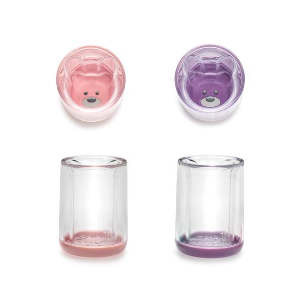 melii Double-Walled Bear Cup 2 Pack - Reusable Plastic Drinking Cup (Pink + Purple 2 Pack)