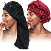 2PCS Satin Hair Braid Bonnet,Foldable Extra Long Bonnet for Braids with Button,Single Layer Sleep Cap,Soft Hair Sleeping Bonnet Cap for Black Women,Large Hair Loose Cap for Dreadlocks(Black+Wine Red)