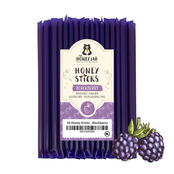 The Honey Jar Blackberry Flavored Honey Sticks - Pure Honey Straws For Tea, Coffee, or a Healthy Treat - One Teaspoon of Flavored Honey Per Stick - Made In The USA with Real Honey - (50 Count)