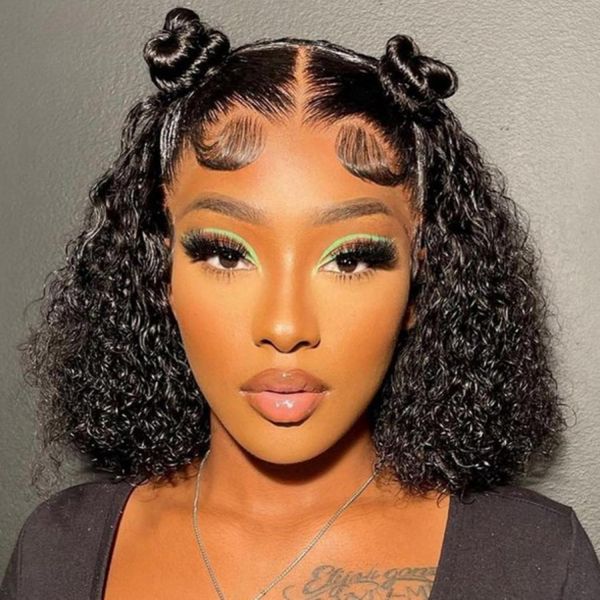 Worldnewhair 13 x 4 Glueless Bob Curly Lace Front Wigs Human Hair for Black Women 150% Density Mongolian HD Transparent Kinky Curly Lace Frontal Wig Pre Plucked Virgin Wet and Wave