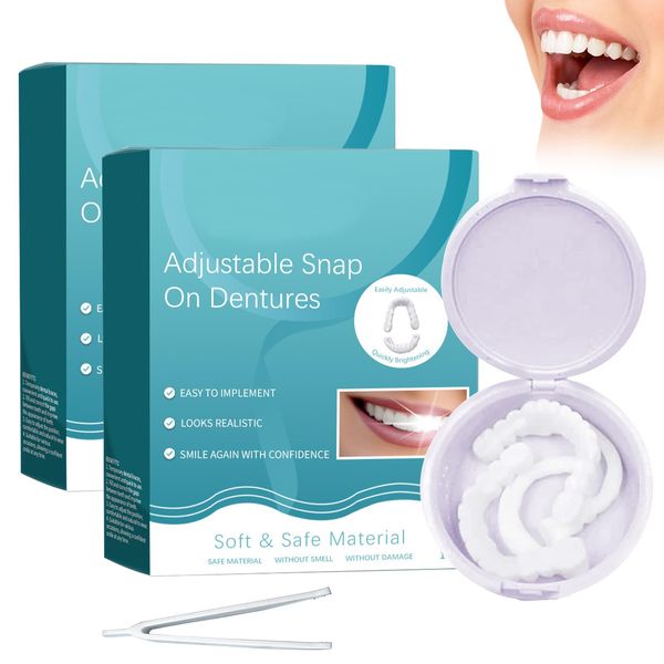 2pair False Teeth,Clip in Veneers Teeth,Snap on Veneers Teeth,Clip on Veneers Top and Bottom,Adjustable Snap Button Veneers Teeth,for Men and Women with Bad Teeth,with Tweezers