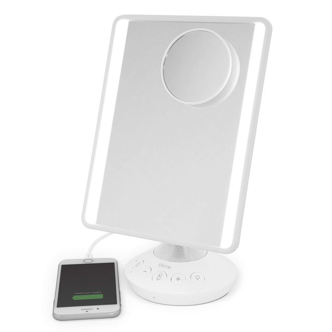 iHome 7" x 9" Reflect iCVBT22W Adjustable Vanity Mirror with Bonus 10X Mirror, Bluetooth Audio, Hands-Free Speakerphone, LED Lighting, Siri & Google Support USB Charging, (White, 7" x 9")