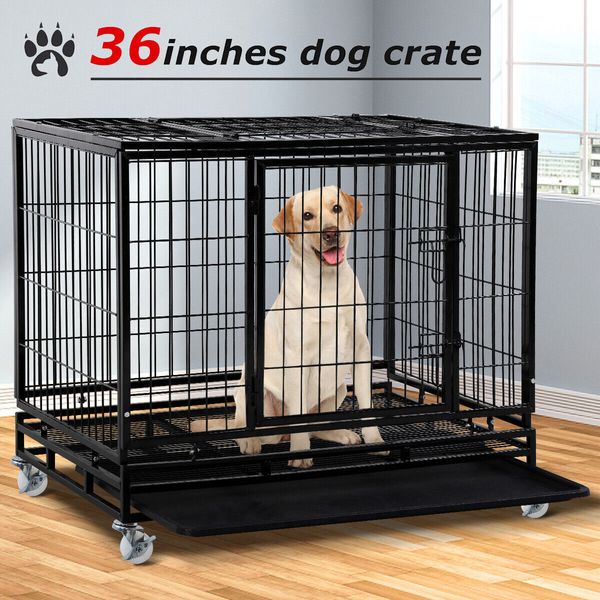 Metal Dog Crate Pet Playpen Heavy Duty Kennel W/2 Doors & Removable Tray 36''