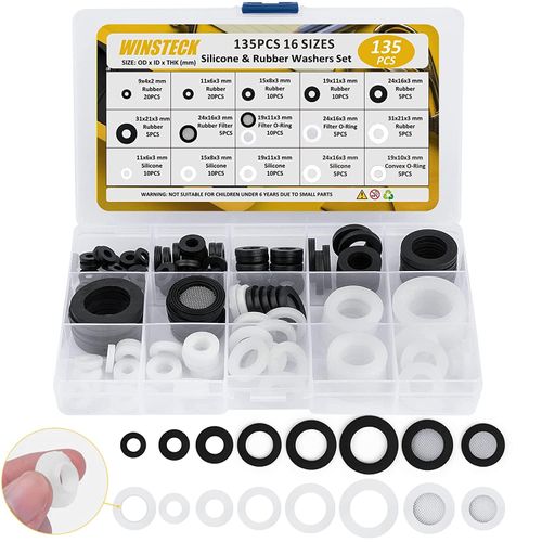 Rubber Washers, 135 PCS 16 Sizes Rubber & Silicone Shower Hose Washers, Garden Hose Washers Assorted Kit with Screen Filter for Sealing Repair & Most Standard Hose/Faucet/Shower Head Connection