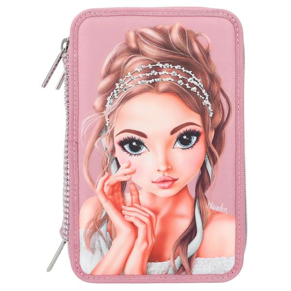 Depesche 12522 TOPModel Glitter Queen - Gefüllte 3-Fach Federtasche mit Glitzersteinen auf der Front und verziertem Rücken, Federmäppchen mit Buntstiften, Lineal, Schere uvm.